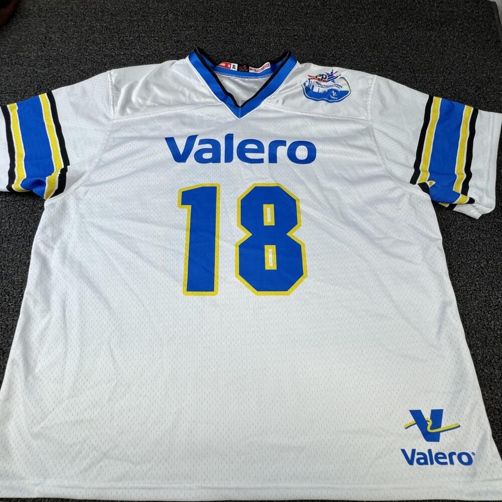 Valero Shirt Mens XL White Jersey V-Neck 18 Football Logo Breathable Tagless